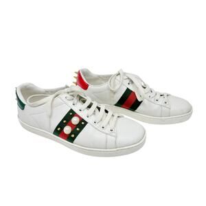 Gucci Ace Sneakers 37 White Leather Pearl Stud Web Stripe Spiked Heel
